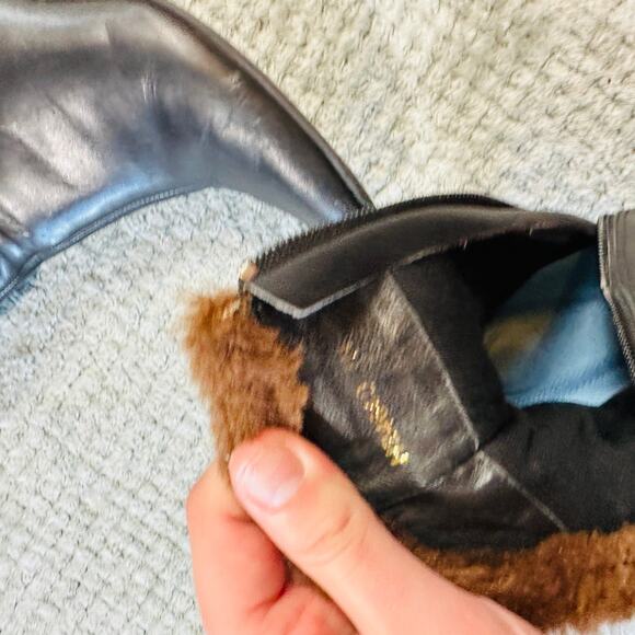 Vintage Y2K Black Leather Bow Faux Fur Lined Pointed Toe Ankle Boots 7 - Picture 6 of 6